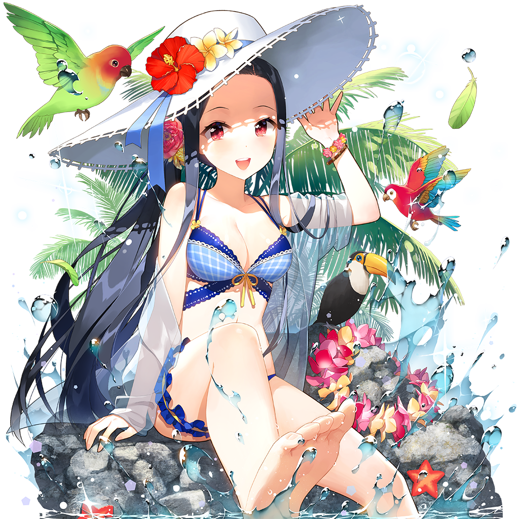 1girl :d aircraft airplane animal arm_up bare_legs bare_shoulders barefoot bikini bird black_hair blue_bikini blush bracelet breasts bug chicken clarice_lapis cleavage collarbone crossed_legs dolphin dress duck feet fish flower food frills frog front-tie_top fruit goldfish hair_flower hair_ornament hand_on_headwear hat hat_flower innertube jewelry long_hair looking_at_viewer medium_breasts nail_polish open_mouth parrot penguin pink_eyes purple_eyes red_eyes ribbon rubber_duck salt_(salty) seagull see-through_clothes sitting skirt small_breasts smile soles solo splashing straw_hat sun_hat swim_ring swimsuit toes uchi_no_hime-sama_ga_ichiban_kawaii very_long_hair water water_drop watermelon wet