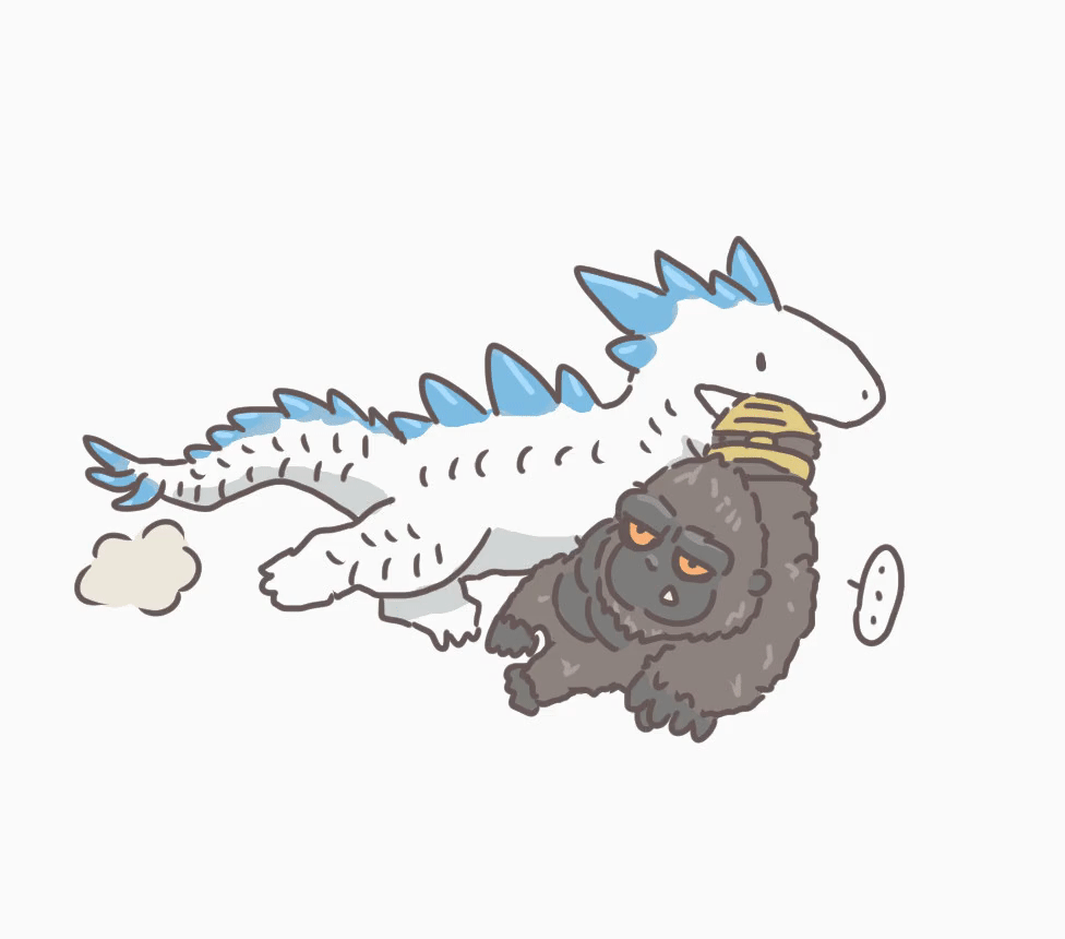 ... all_fours animated animated_gif ape b.e.a.s.t._glove biting crossover dinosaur dragging dust electroshock_weapon gauntlets giant giant_monster godzilla_(series) gorilla kaiju king_kong king_kong_(series) legendary_pictures monster monsterverse no_humans orange_eyes shimo_(monsterverse) simple_background speech_bubble spiked_tail spikes tail thagomizer ugoira utchi weapon white_background