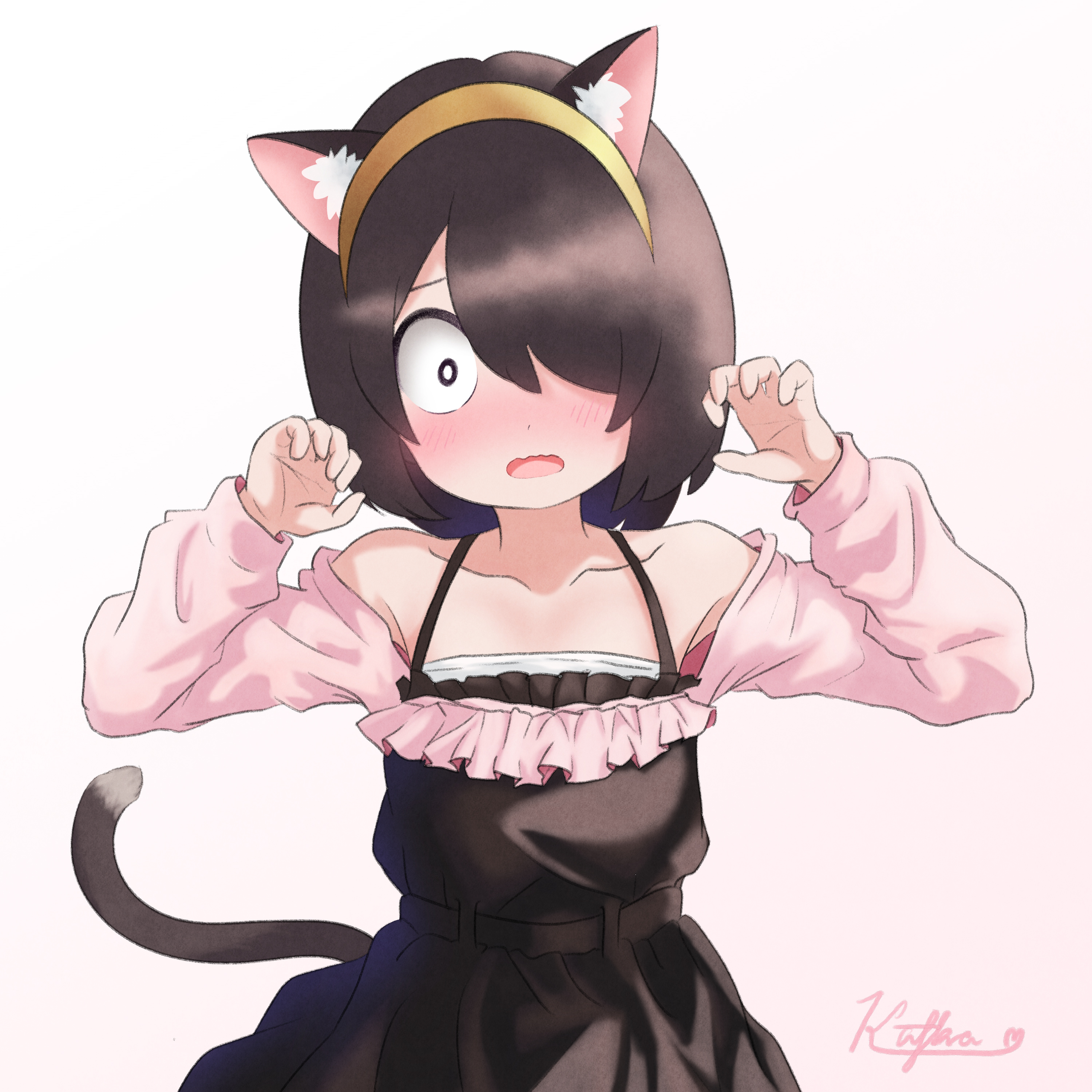 1girl absurdres animal_ears black_dress black_eyes black_hair bright_pupils cat_ears cat_girl cat_tail dress embarrassed hair_over_one_eye hairband hands_up highres jijou_wo_shiranai_tenkousei_ga_guigui_kuru. kafka963 medium_hair nishimura_akane open_mouth paw_pose solo tail white_pupils yellow_hairband