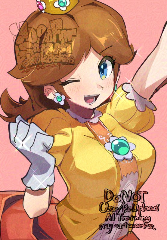 1girl adversarial_noise arm_up artist_name blue_eyes brown_hair crown dated earrings english_text gloves hirotaka_(hrtk990203) jewelry looking_at_viewer mario_(series) nintendo one_eye_closed open_mouth pink_background princess_daisy puffy_short_sleeves puffy_sleeves short_sleeves simple_background smile solo teeth upper_body white_gloves