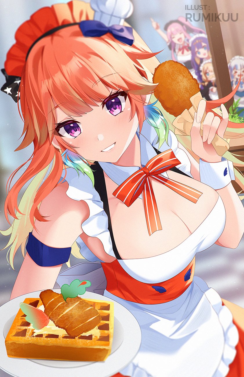 5girls alternate_costume apron armband artist_name blue_bow bow breasts cheering chef_hat chicken_(food) chicken_leg cleavage detached_collar dress earrings enmaided feather_earrings feathers food french_toast frills gawr_gura hair_bow hand_up hat highres holding holding_food holding_plate hololive hololive_english holomyth jewelry k-rumi large_breasts long_hair looking_at_viewer maid maid_apron maid_headdress medium_breasts mini_hat mori_calliope multicolored_hair multiple_girls neck_ribbon ninomae_ina&#039;nis orange_dress orange_hair parted_lips photoshop_(medium) plate purple_eyes ribbon serving solo_focus streaked_hair takanashi_kiara virtual_youtuber waitress watermark watson_amelia wing_collar wrist_cuffs
