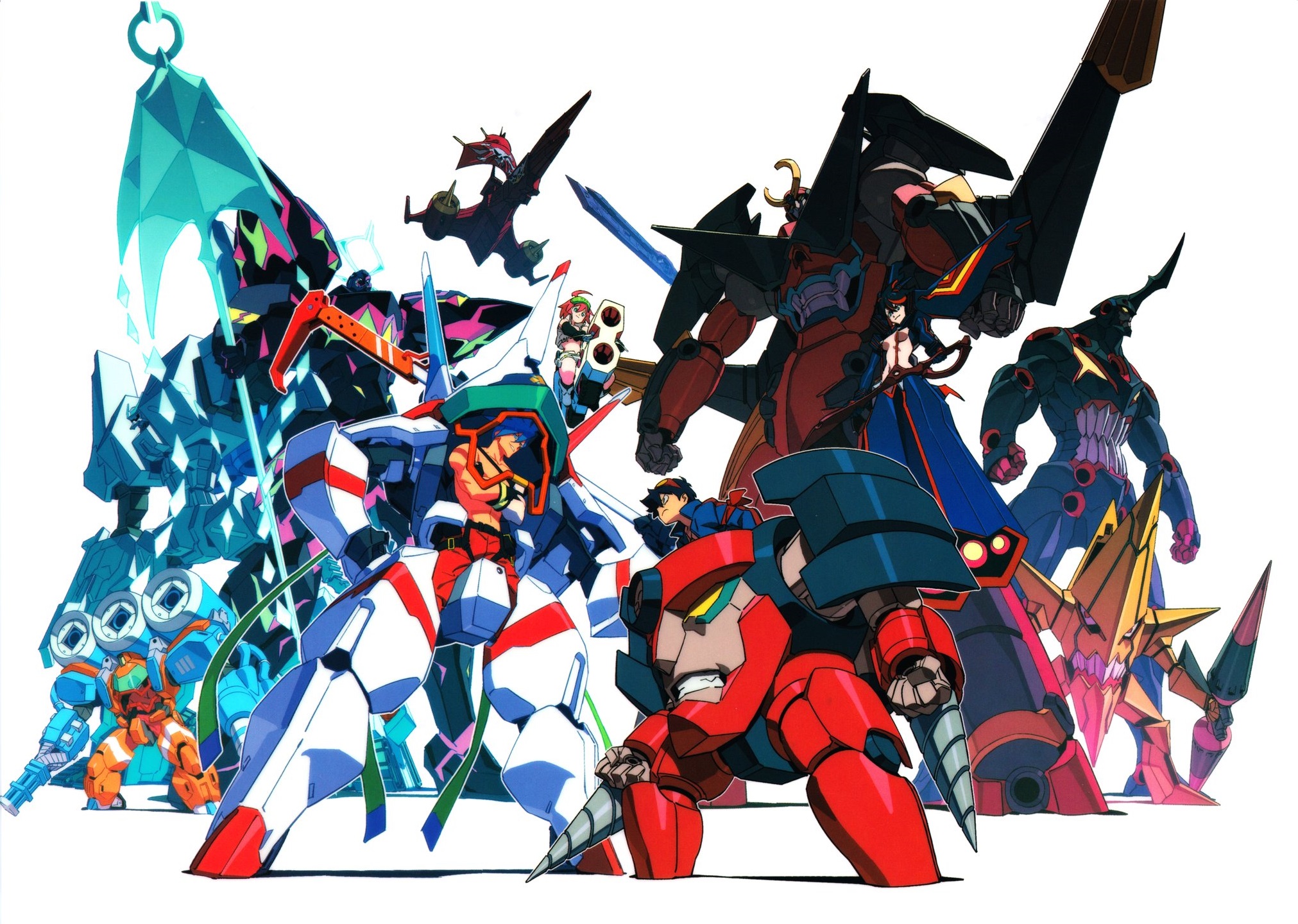 2boys 2girls black_hair blue_eyes breasts crossover drill galo_thymos goggles goggles_on_head gurren-lagann highres jacket kill_la_kill king_kittan lagann lazengann luluco matoi_ryuuko mecha mechanical multiple_boys multiple_girls promare robot short_hair simon_(ttgl) standing tengen_toppa_gurren_lagann trigger-chan uchuu_patrol_luluco weapon yoshinari_you