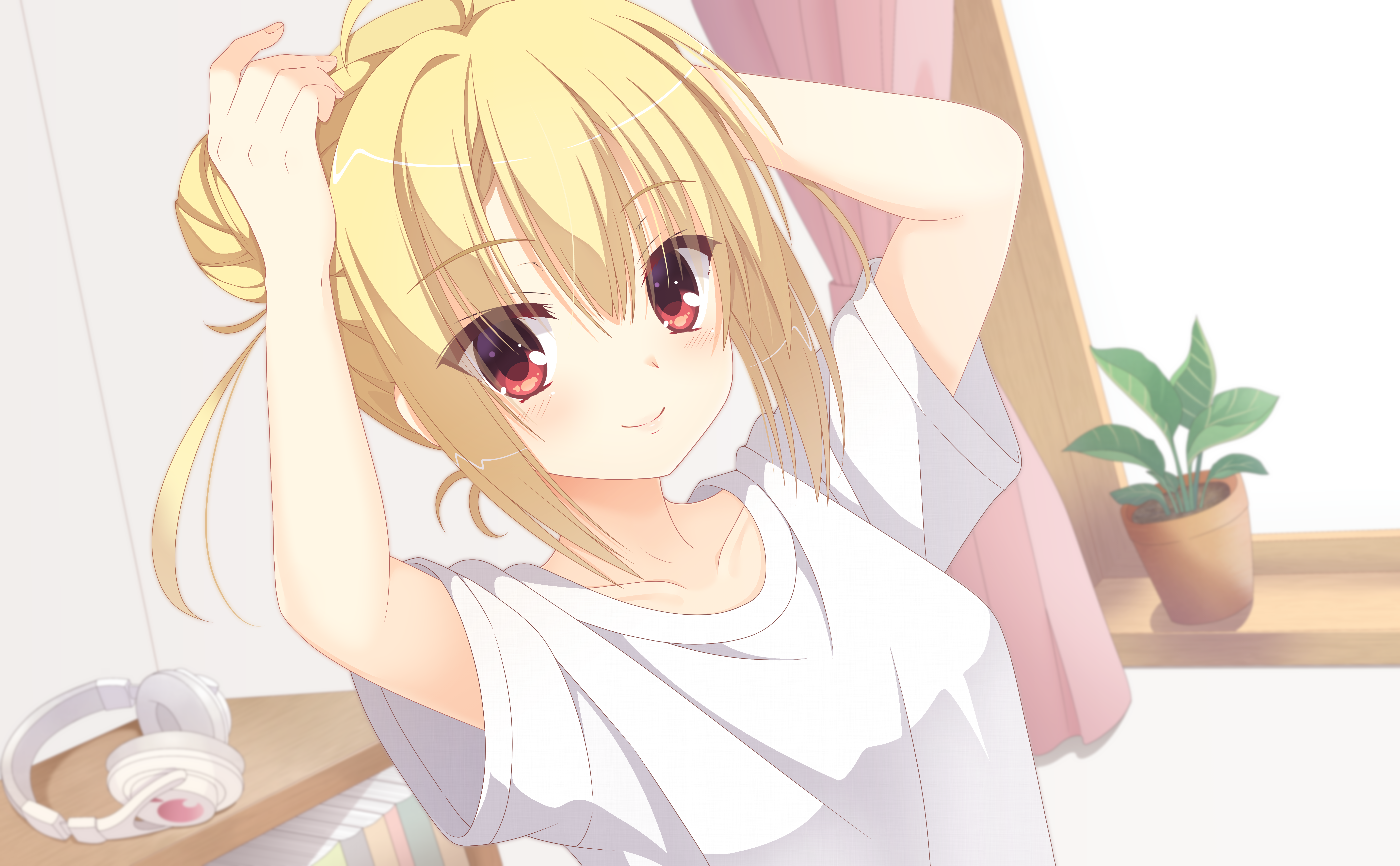 1girl absurdres ahoge alternate_costume alternate_hairstyle arihara_nanami blonde_hair blue_background blush closed_mouth collarbone commentary double_bun dutch_angle eyes_visible_through_hair hair_between_eyes hair_bun hands_up happy headphones headphones_removed highres indoors kaon_zz lips looking_at_viewer medium_hair paid_reward_available plant potted_plant red_eyes riddle_joker shirt short_sleeves sidelocks single_hair_intake smile solo split_mouth t-shirt two_side_up upper_body white_shirt