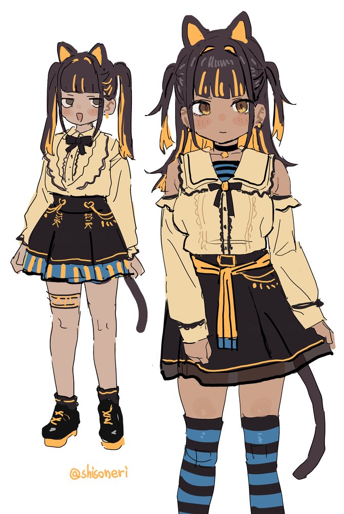 2girls :d animal_ears black_choker black_hair black_shoes black_skirt black_thighhighs blonde_hair blue_thighhighs cat_ears cat_tail character_request choker closed_mouth collarbone copyright_request dark_skin detached_sleeves horizontal-striped_thighhighs jirai_kei long_hair long_sleeves looking_at_viewer multicolored_hair multicolored_thighhighs multiple_girls open_mouth shirt shisoneri shoes simple_background skirt smile tail thigh_strap thighhighs twintails twitter_username white_background yellow_eyes yellow_shirt zettai_ryouiki