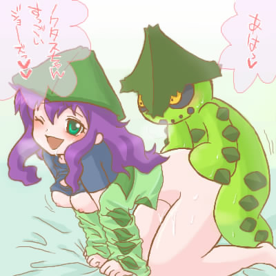 1girl all_fours barefoot bent_over blush bottomless breasts breasts_out cacturne doggystyle gen_3_pokemon gender_request genderswap gradient_background green_eyes hanging_breasts happy happy_sex harley_(pokemon) hat hetero long_hair lowres medium_breasts motion_lines nintendo one_eye_closed pokemon pokemon_(creature) purple_hair sex sex_from_behind simple_background speech_bubble sweat translated vaginal wink