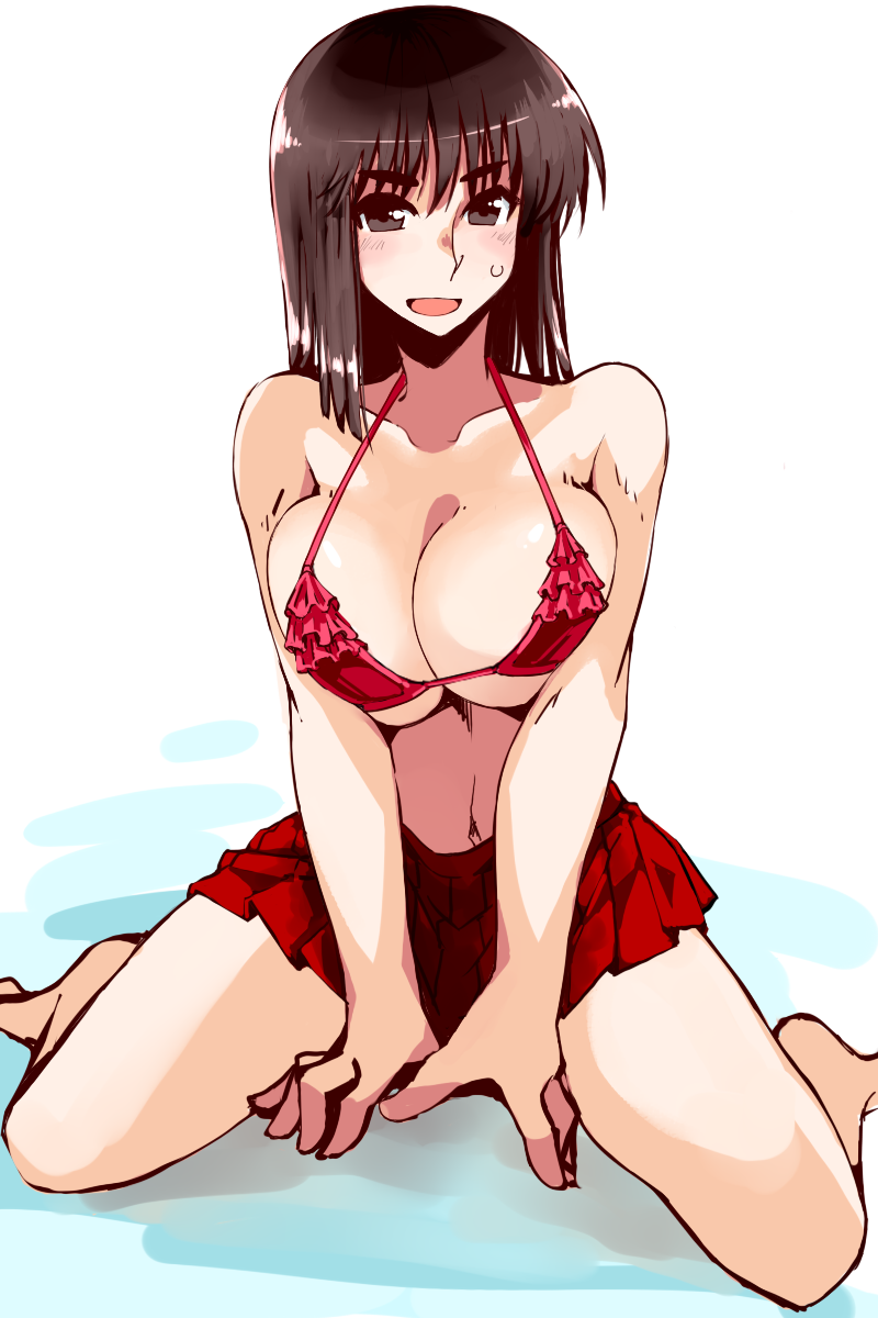 00s 1girl :d barefoot bikini black_eyes black_hair breasts cleavage collarbone cosaten female_focus frilled_bikini frills highres large_breasts navel open_clothes open_mouth pleated_skirt red_bikini red_skirt school_rumble simple_background sitting skirt smile solo suou_mikoto_(school_rumble) swimsuit wariza