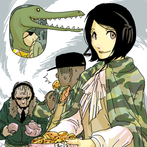 1girl 3boys artist_request baseball_cap black_hair black_headwear brown_eyes camouflage camouflage_cloak camouflage_jacket cloak cookie cup dark-skinned_male dark_skin eyepatch food fur_trim grey_hair hat jacket looking_at_viewer lowres major_zero metal_gear_(series) metal_gear_solid_3:_snake_eater multiple_boys naked_snake necktie para-medic_(mgs3) scar scar_across_eye scar_on_face short_hair sigint sweatdrop teacup teapot upper_body