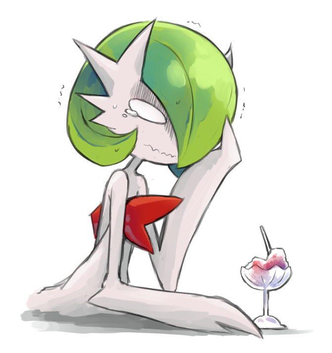 blank_eyes bob_cut brain_freeze colored_skin dmt_(auburn) dress food gardevoir gen_3_pokemon green_hair hair_over_one_eye hand_on_own_head ice_cream mega_gardevoir mega_pokemon nintendo pokemon pokemon_(creature) simple_background strapless strapless_dress teardrop white_background white_dress white_skin