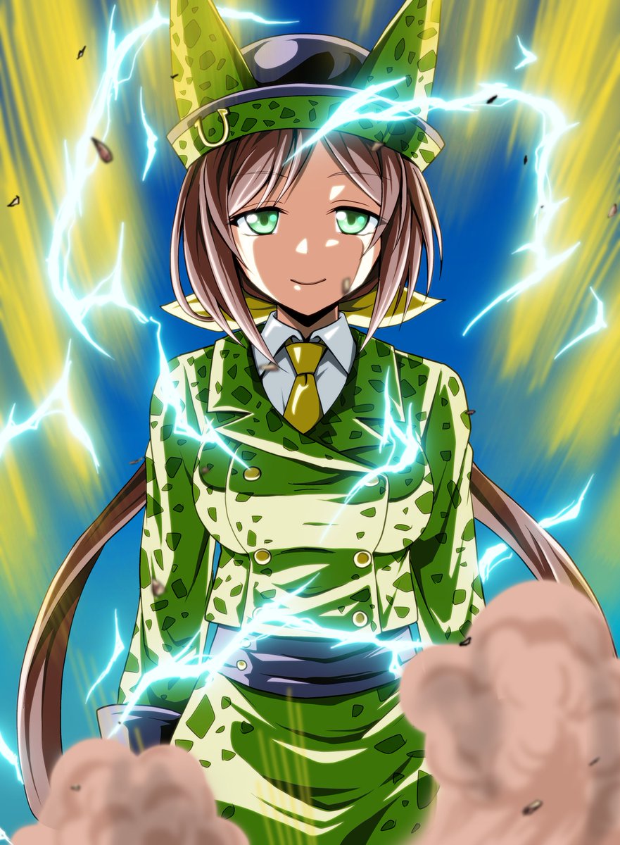 1girl aura bowler_hat brown_hair buttons cell_(dragon_ball) closed_mouth commentary cosplay cowboy_shot double-breasted dragon_ball dragonball_z dress_shirt electricity formal_clothes green_eyes green_hat green_jacket green_skirt hair_ribbon half-closed_eyes hat hayakawa_tazuna highres horseshoe_ornament jacket kamishima_kanon long_hair long_sleeves looking_at_viewer necktie pencil_skirt perfect_cell perfect_cell_(cosplay) ribbon shirt skirt skirt_suit smile solo split_ponytail standing suit super_saiyan super_saiyan_2 umamusume white_shirt wing_collar yellow_necktie yellow_ribbon
