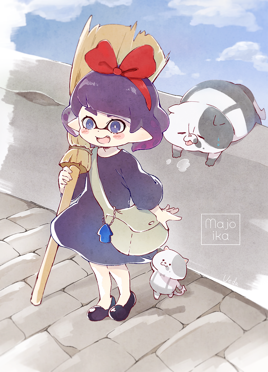 1girl artist_name bag black_dress black_shoes blue_sky blush_stickers bright_pupils broom carrying cat commentary day dress emblem female_focus fusion hair_ribbon highres holding holding_broom inkling_player_character judd_(splatoon) kiki_(majo_no_takkyuubin) li&#039;l_judd_(splatoon) long_sleeves majo_no_takkyuubin mask medium_dress nintendo open_mouth outdoors pantyhose pointy_ears purple_eyes purple_hair red_ribbon ribbon romaji_text satchel shoes short_hair sight signature sky smile solo squid standing stone_floor sweatdrop tentacle_hair ueda_kou white_pantyhose white_pupils
