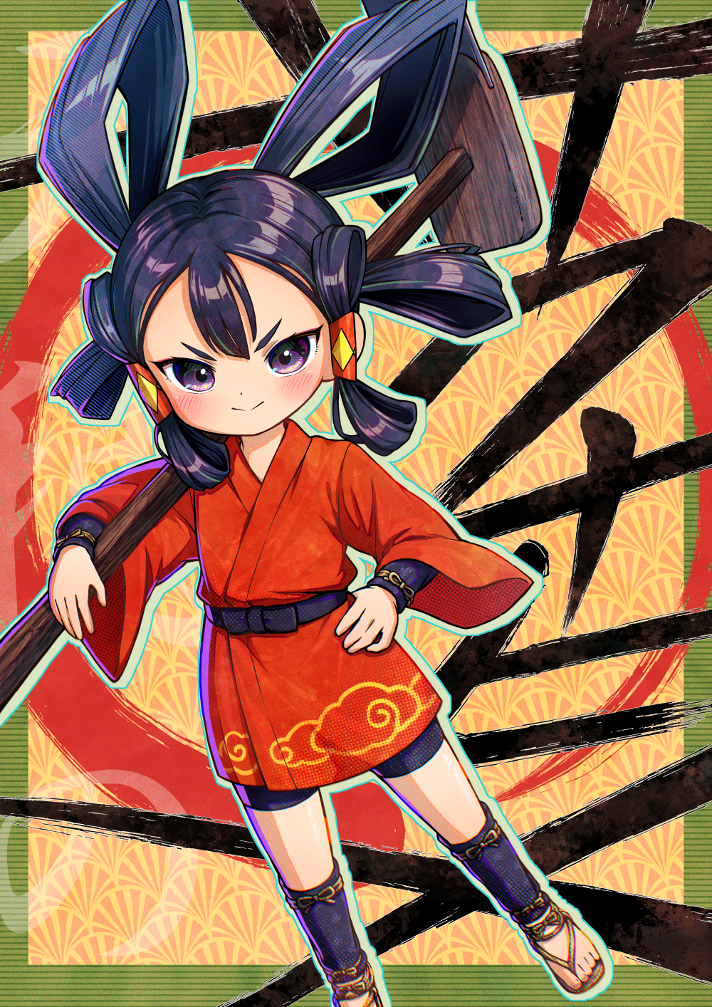 1girl black_hair blush commentary_request flat_chest hair_rings highres hoe japanese_clothes kimono long_hair looking_at_viewer mizura notuwa_tai purple_eyes red_kimono sakuna-hime smile solo tensui_no_sakuna-hime