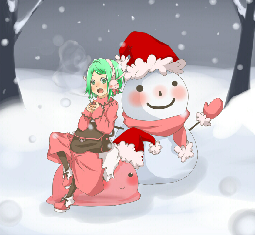 1girl :3 black_bag black_pantyhose breath cold commentary_request full_body green_eyes green_hair hat jacket meiko_(nattu303) merchant_(ragnarok_online) open_mouth outdoors pantyhose pink_jacket pink_shoes pink_skirt poring rabbit_earmuffs ragnarok_online red_hat santa_hat shoes short_hair sitting skirt slime_(creature) snow snowing snowman solo tree
