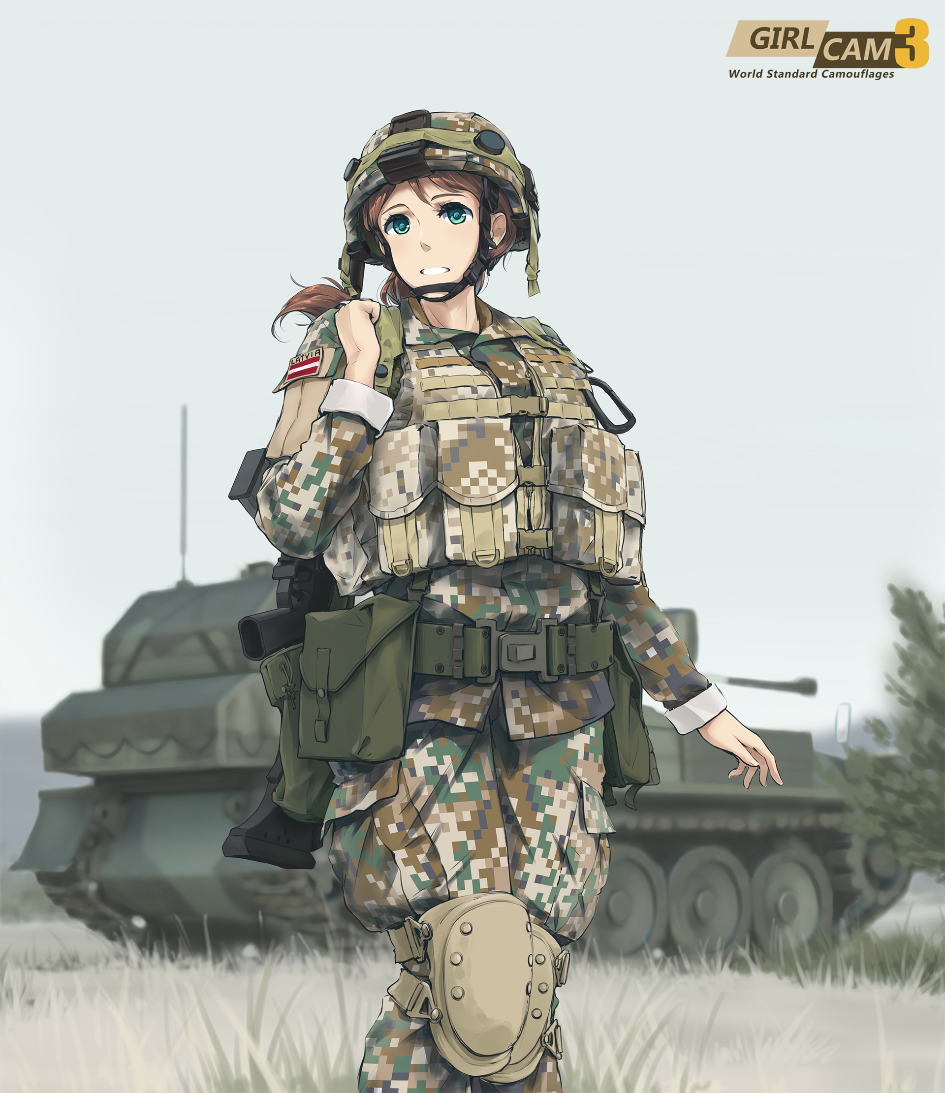 1girl assault_rifle belt blurry brown_hair camouflage carabiner caterpillar_tracks chin_strap copyright_name depth_of_field female_focus grass green_eyes grin gun h&k_g36 happy heckler_&_koch helmet highres knee_pads latvia latvian_flag load_bearing_vest long_hair looking_to_the_side m109_howitzer military military_uniform military_vehicle motor_vehicle original outdoors ponytail pouch rifle self-propelled_gun sky smile soldier solo tank tanto_(tc1995) tree walking weapon