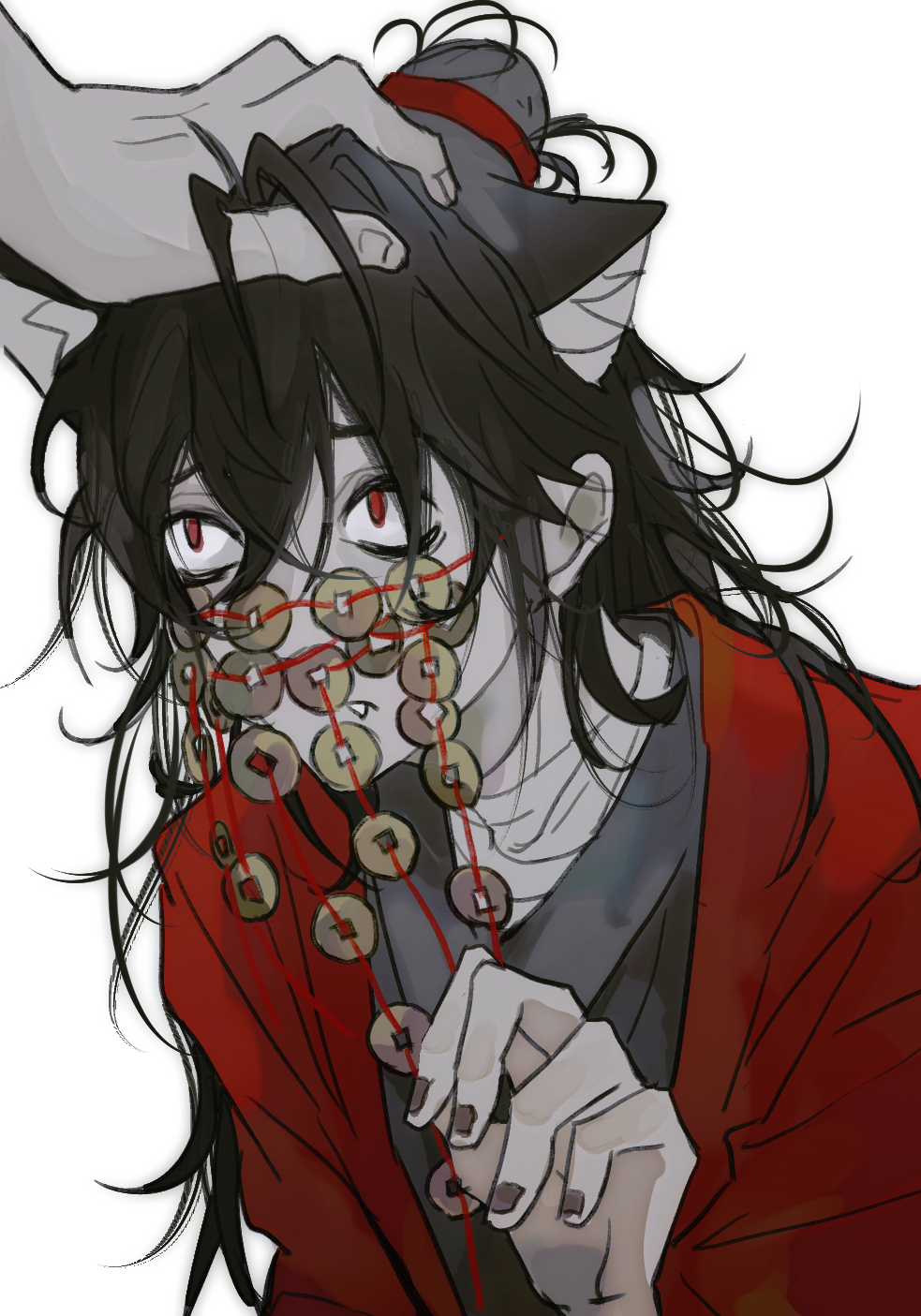1boy 1other aaawwwssslll animal_ears bandaged_neck bandages black_hair black_hanfu black_nails chinese_clothes chinese_commentary closed_mouth coat coin coin_mask dao_gui_yi_xian dog_boy dog_ears fang fang_out fingernails hair_between_eyes hair_bun hand_on_another&#039;s_head hand_up hanfu headpat highres holed_coin kemonomimi_mode li_huowang long_hair long_sleeves looking_at_viewer male_focus mask messy_hair mouth_veil nail_polish out_of_frame pale_skin red_coat red_eyes robe sanpaku simple_background single_hair_bun solo_focus string string_of_fate upper_body veil white_background