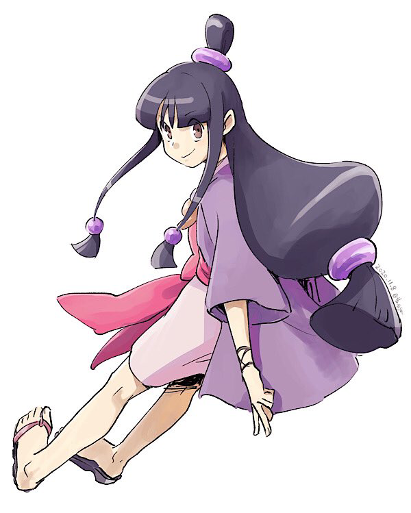 1girl ace_attorney black_hair blunt_bangs brown_eyes commentary_request dated full_body hair_ornament half_updo hanten_(clothes) jacket japanese_clothes kimono long_hair long_sleeves looking_at_viewer looking_back low-tied_long_hair magatama maya_fey obi parted_bangs pink_kimono pink_sash purple_jacket sandals sash short_kimono sidelocks simple_background smile solo standing taba_(tb_gya) very_long_hair white_background zouri