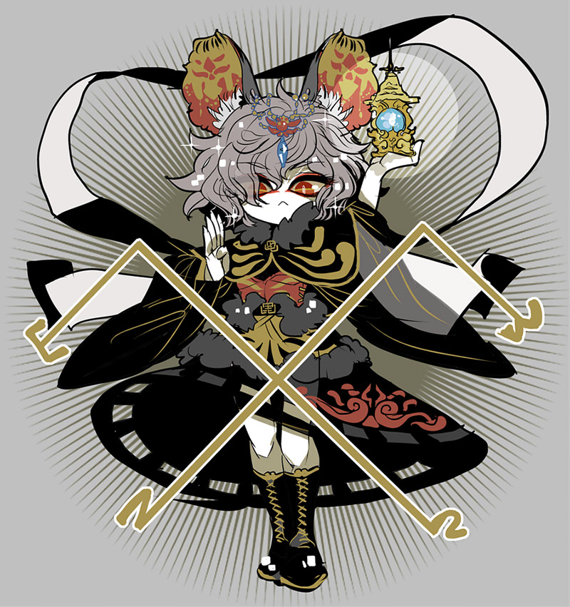 1girl :&lt; animal_ear_fluff animal_ears bishamonten&#039;s_pagoda black_boots black_skirt boots commentary_request cosplay dowsing_rod full_body grey_background grey_hair hagoromo hair_ornament hands_up holding knee_boots lace-up_boots long_sleeves looking_at_viewer mouse_ears nazrin red_eyes red_shirt shawl shirt short_hair skirt solo sparkle tiger_stripes toramaru_shou toramaru_shou_(cosplay) touhou wavy_hair wide_sleeves yt_(wai-tei)