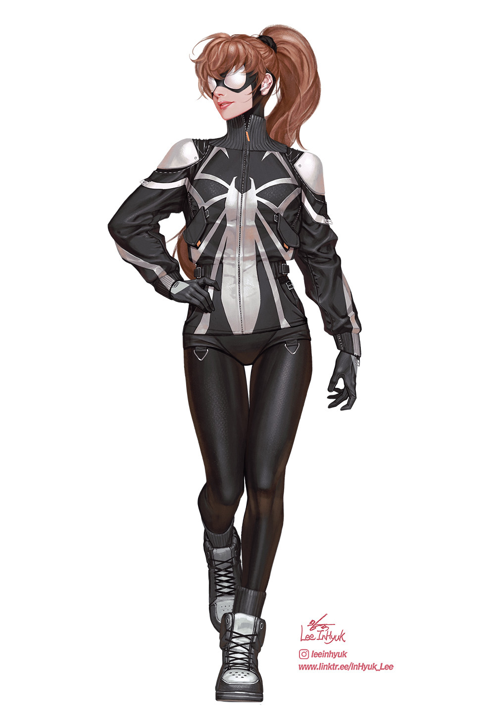 1girl animal_print anya_corazon artist_name black_gloves black_jacket black_mask black_pants black_shoes brown_hair full_body gloves hand_on_own_hip highres in-hyuk_lee instagram_logo instagram_username jacket long_hair looking_to_the_side marvel pants ponytail print_jacket shoes signature simple_background solo spider-girl spider-man:_into_the_spider-verse spider-man_(series) spider-verse spider_print standing watermark web_address white_background