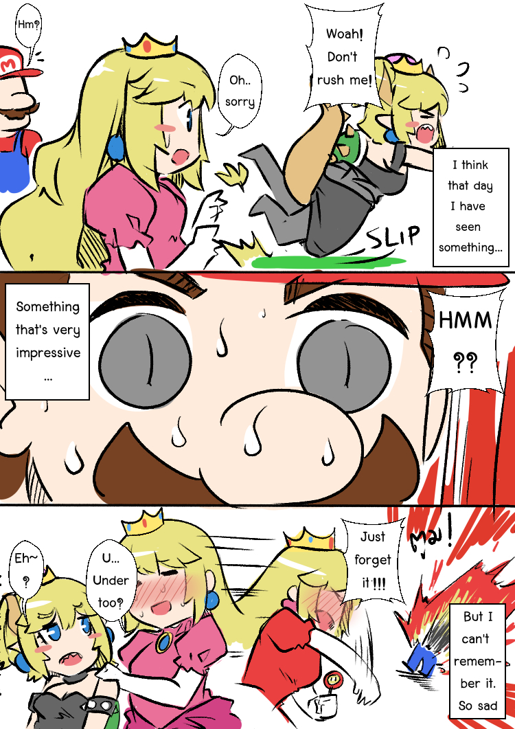 1boy 2girls black_dress blonde_hair blue_eyes blush bowsette bracelet close-up collar comic crown dress english_text engrish_text facial_hair fire_flower fire_peach flying_sweatdrops hat horns jewelry mario mario_(series) multiple_girls mustache new_super_mario_bros._u_deluxe nintendo ponytail princess_peach ranguage sesield spiked_bracelet spiked_collar spikes super_crown sweatdrop tail tripping turtle_shell