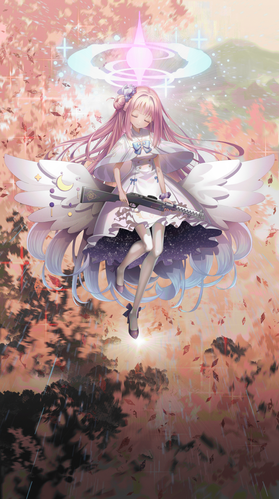 1girl angel_wings black_footwear blue_archive buttons capelet closed_eyes closed_mouth commentary_request crescent dress flower frilled_dress frills gun hair_bun hair_flower hair_ornament halo high_heels highres lanchester_smg long_hair low_wings mika_(blue_archive) miyoshi_nao_(miyoshist) pink_hair pumps scrunchie single_hair_bun sleeveless sleeveless_dress submachine_gun thighhighs very_long_hair weapon white_dress white_thighhighs wings wrist_scrunchie