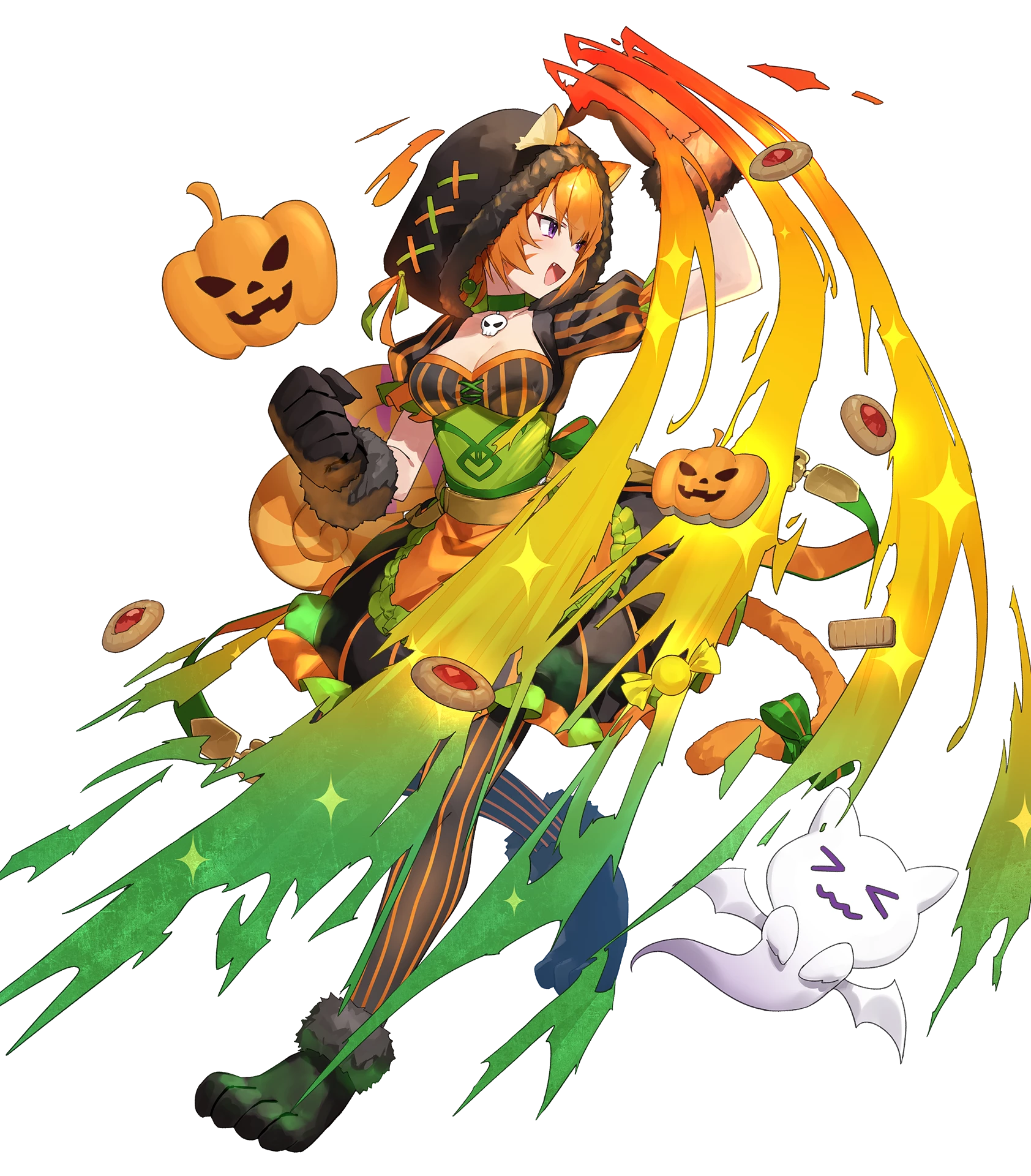 1girl animal_ears apron attack black_dress black_gloves black_hood breasts candy cat_ears cat_girl cat_tail cleavage dress fire_emblem fire_emblem:_path_of_radiance fire_emblem:_radiant_dawn fire_emblem_heroes food gloves glowing glowing_hand highres hood lethe_(fire_emblem) lethe_(halloween)_(fire_emblem) lollipop medium_breasts nintendo non-web_source official_alternate_costume official_art open_mouth orange_apron orange_hair pantyhose puffy_short_sleeves puffy_sleeves purple_eyes short_hair short_sleeves skull_choker slashing smile solo striped_clothes striped_dress striped_leggings tail v-shaped_eyebrows vertical-striped_leggings