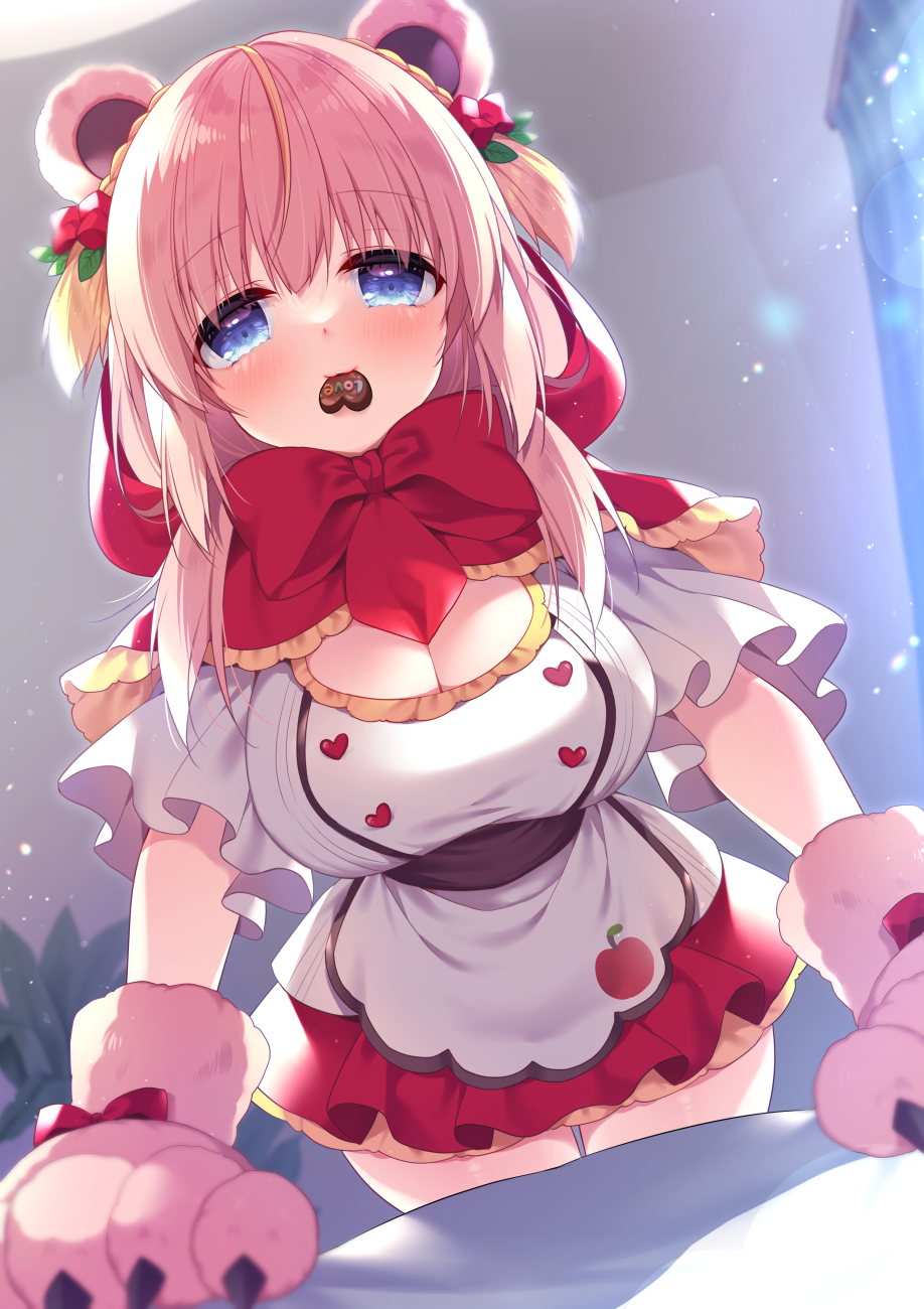 animal_ears apple_print bear_claws bear_ears blue_eyes blush bow bowtie breasts capelet cleavage commentary_request cowboy_shot food_in_mouth food_print fruit_print gloves hair_ornament heart heart_print highres incoming_food incoming_kiss indie_virtual_youtuber juruko large_bow large_breasts light_particles looking_at_viewer miniskirt original pink_hair pov red_skirt ringo_sui shirt skirt virtual_youtuber white_shirt