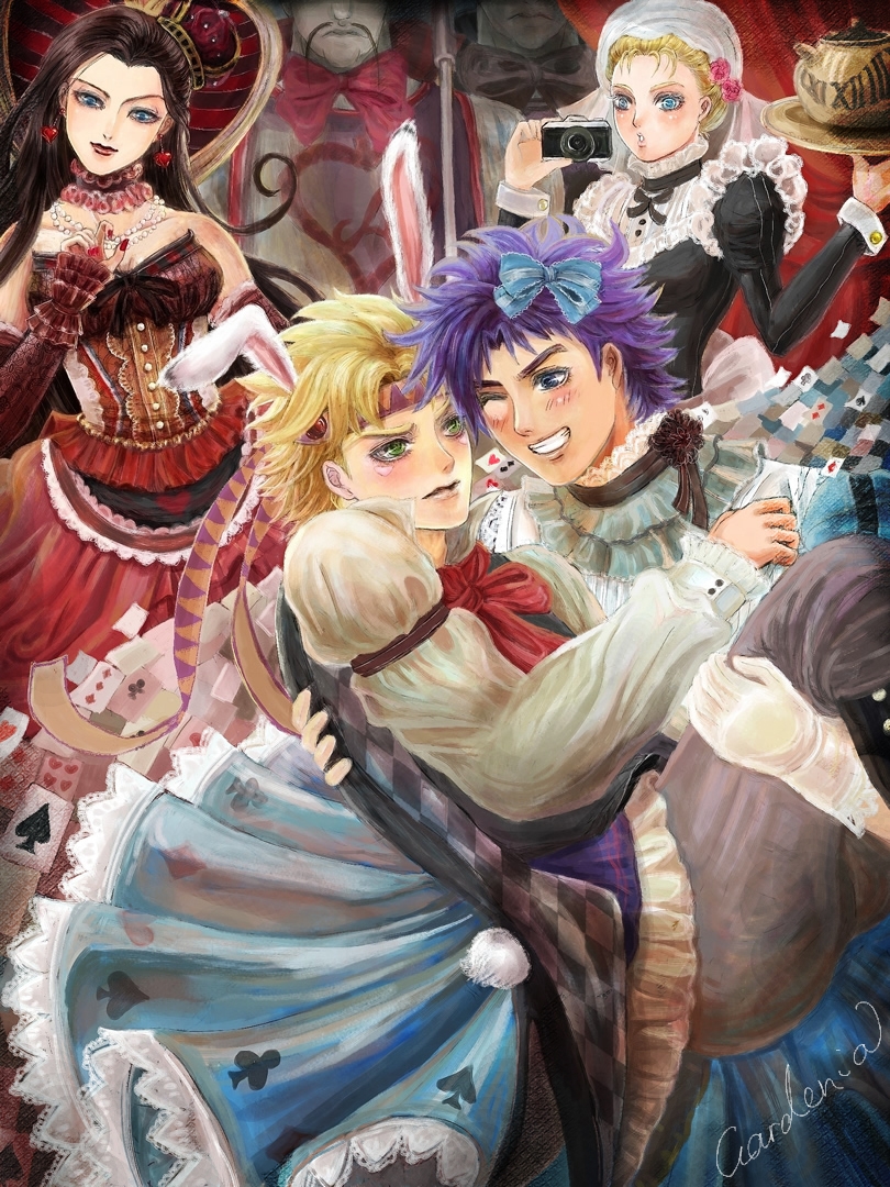 2boys 2girls 4boys alice_(alice_in_wonderland) alice_(alice_in_wonderland)_(cosplay) alice&#039;s_adventures_in_wonderland alternate_costume animal_ears bad_id bad_pixiv_id battle_tendency black_hair blonde_hair blue_eyes blue_hair bow caesar_anthonio_zeppeli camera chikaka cosplay crossdressing dress enmaided green_eyes hair_bow hat headband jojo_no_kimyou_na_bouken joseph_joestar joseph_joestar_(young) lisa_lisa loggins_(jojo) long_hair maid messina_(jojo) multiple_boys multiple_girls one_eye_closed parody queen_of_hearts_(alice_in_wonderland) queen_of_hearts_(cosplay) rabbit_ears rabbit_tail suzi_q tail victorian white_rabbit_(alice_in_wonderland) white_rabbit_(cosplay) wink