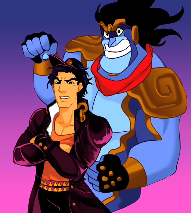 1boy aladdin_(disney) aladdin_(movie) crossover disney fusion genie_(aladdin) gloves jacket jojo_no_kimyou_na_bouken kuujou_joutarou millionfish smile stand_(jojo) star_platinum