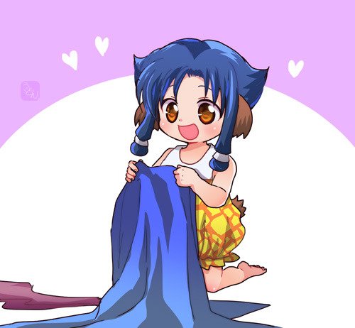 1girl aged_down aiknwuriknru animal_ears aquaplus atuy bare_arms barefoot blue_hair blush breasts clothes_lift full_body kneeling lowres open_mouth orange_eyes parted_bangs raised_eyebrows short_hair_with_long_locks shorts sidelocks sleeveless small_breasts utawarerumono utawarerumono:_itsuwari_no_kamen wide-eyed