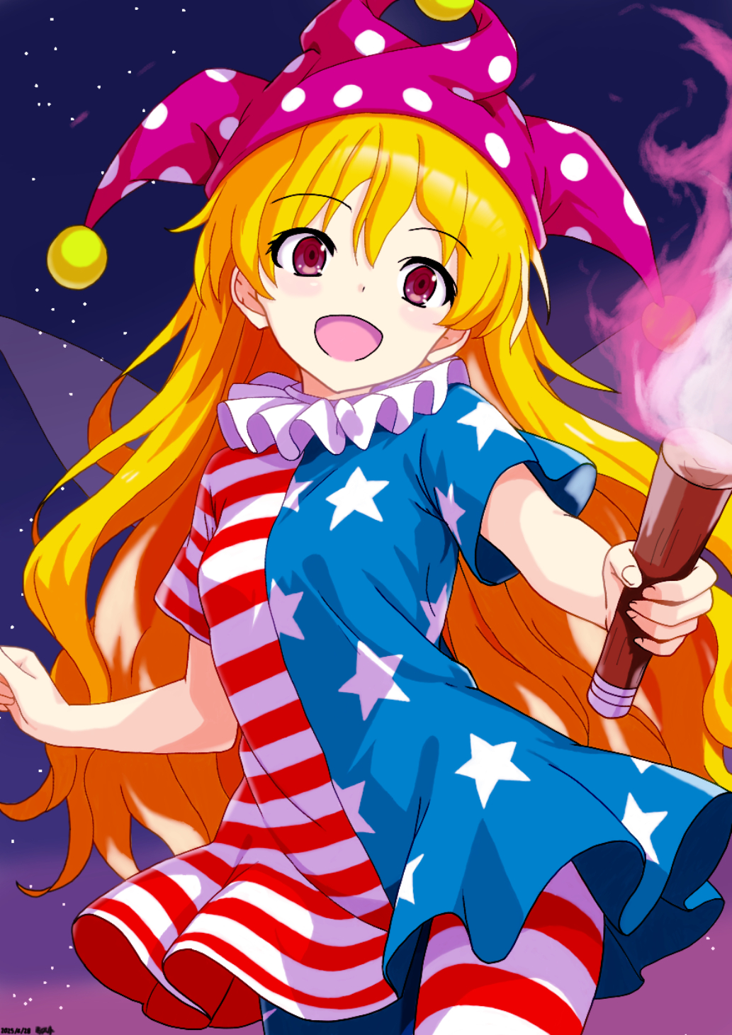 1girl american_flag american_flag_dress american_flag_print blonde_hair blush clownpiece commentary_request dress fairy_wings flag_print hat highres holding holding_torch jester_cap long_hair mist9801km open_mouth pantyhose polka_dot_headwear purple_hat red_eyes short_sleeves smile solo star_(symbol) star_print striped_clothes striped_dress striped_pantyhose torch touhou very_long_hair wings