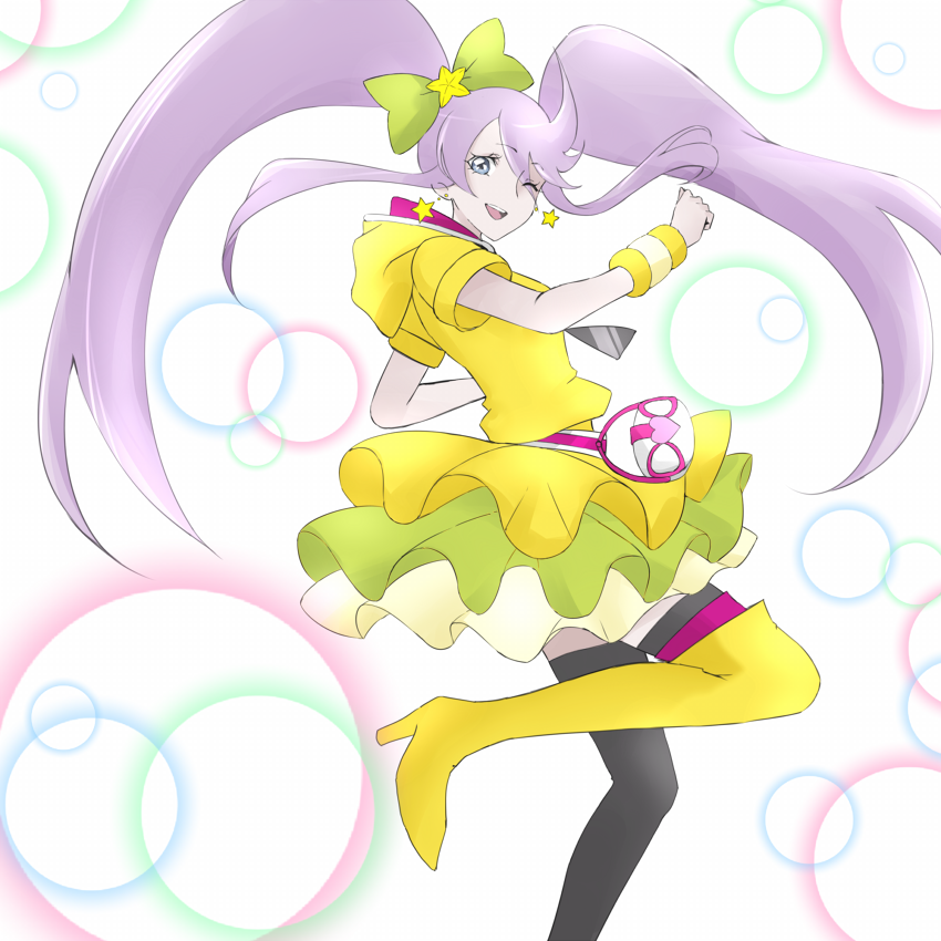 1girl asymmetrical_footwear black_thighhighs boots cosplay crossover cure_lovely cure_lovely_(cosplay) cure_lovely_(lollipop_hip_hop) cure_moonlight earrings eyelashes female_focus hair_ornament hair_ribbon happinesscharge_precure! happy heartcatch_precure! high_heels hood hooded_jacket jacket jewelry looking_at_viewer magical_girl mismatched_footwear one_eye_closed open_mouth precure purple_eyes purple_hair ribbon shirt simple_background skirt smile solo standing star_(symbol) star_earrings thigh_boots thighhighs thighs tsukikage_oyama tsukikage_yuri twintails white_background wink yellow_jacket yellow_shirt yellow_skirt yellow_thighhighs