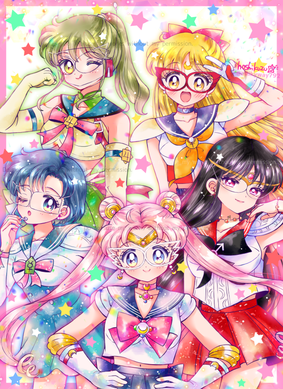5girls ;o ;q aino_minako back_bow bishoujo_senshi_sailor_moon black_bow black_hair blonde_hair blue_bow blue_choker blue_dress blue_eyes blue_hair blue_sailor_collar blue_skirt bow bracelet brooch brown_eyes brown_hair choker closed_mouth codename_wa_sailor_v crescent crescent_choker crescent_earrings crescent_facial_mark crop_top dot_nose double_bun dress earrings elbow_gloves facial_mark forehead_mark gloves green_skirt hair_bow hair_bun hair_ornament hands_on_own_hips head_tilt headset hino_rei hoshikuzu_(milkyway792) inner_senshi jewelry jupiter_symbol kino_makoto long_hair magical_girl mars_symbol mask medium_hair mizuno_ami multiple_girls navel neckerchief one_eye_closed orange_neckerchief pink_bow pink_hair pleated_skirt ponytail red_bow red_choker red_eyes red_sailor_collar red_skirt sailor_collar sailor_jupiter sailor_jupiter_(prototype) sailor_mars sailor_mars_(prototype) sailor_mercury sailor_mercury_(prototype) sailor_moon sailor_moon_(prototype) sailor_senshi sailor_senshi_uniform sailor_v short_dress shoulder_pads skirt star_(symbol) star_symbol_background tongue tongue_out tsukino_usagi twintails v venus_symbol white_gloves yellow_eyes