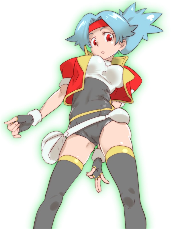 1girl bad_id bad_pixiv_id blue_hair breasts cameltoe cowboy_shot female_focus fingerless_gloves gloves hairband headband long_hair medium_breasts nintendo pokemon pokemon_ranger_(series) pokemon_ranger_1 ponytail red_eyes simple_background skin_tight solana_(pokemon) solo standing thighhighs white_background zaitsu