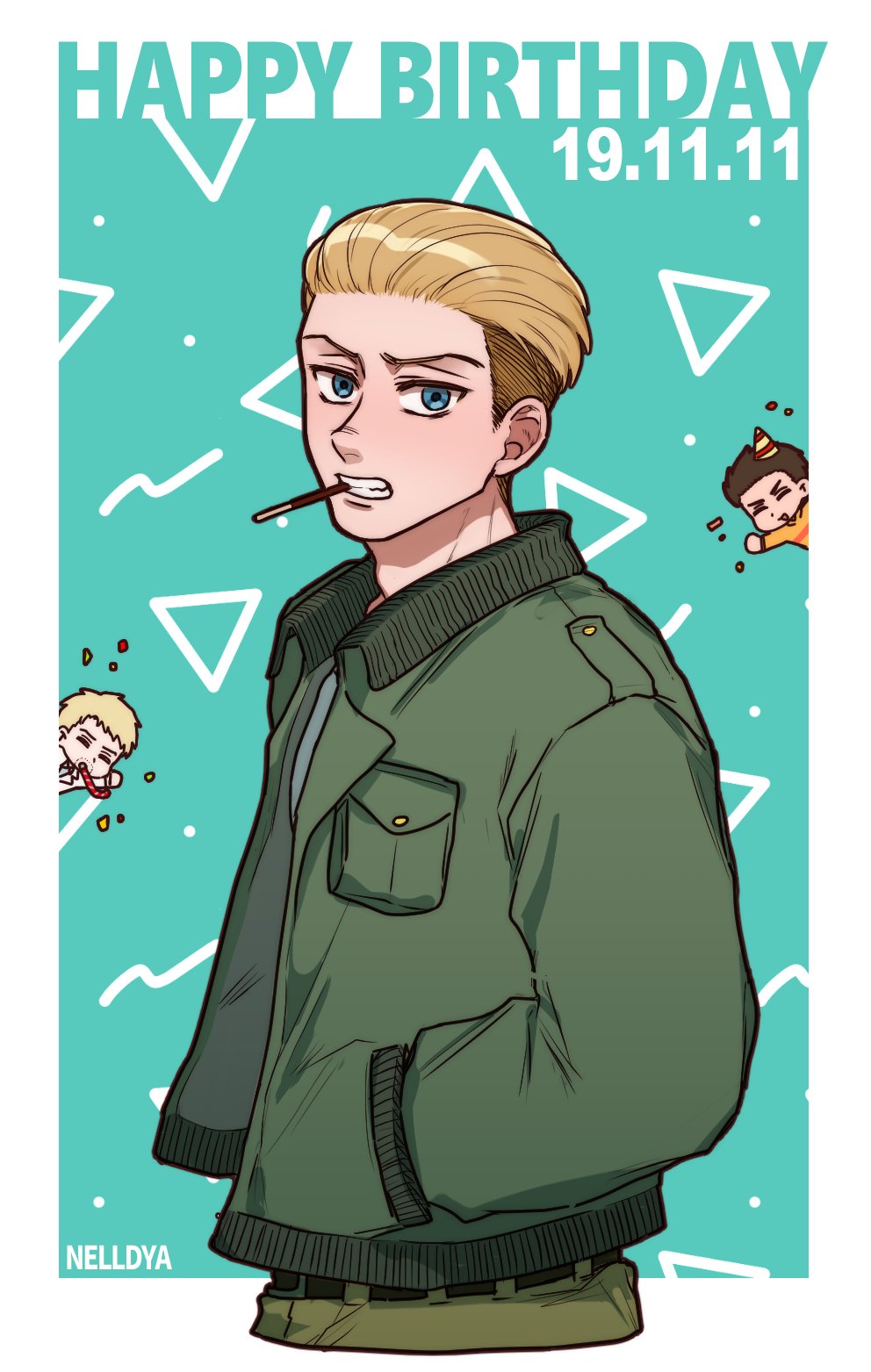 1boy birthday blonde_hair blue_background blue_eyes chibi chibi_inset food green_jacket hair_pulled_back hair_slicked_back hands_in_pockets highres jacket looking_at_viewer male_focus marcel_galliard military mina_(als_dk) parted_lips pocky porco_galliard reiner_braun shingeki_no_kyojin undercut