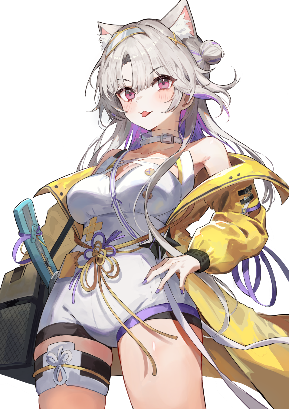 1girl :p animal_ears arknights bare_shoulders blush breasts cat_ears cat_girl cleavage clothes_pull coat greypidjun hair_bun hairband hand_on_own_hip highres hip_focus jacket jacket_pull kazemaru_(arknights) leotard long_hair looking_at_viewer medium_breasts multicolored_hair nail_polish off_shoulder open_clothes open_coat purple_eyes purple_hair purple_nails shuriken skindentation solo sword thighs tongue tongue_out two-tone_hair very_long_hair weapon white_hair white_hairband white_leotard yellow_coat