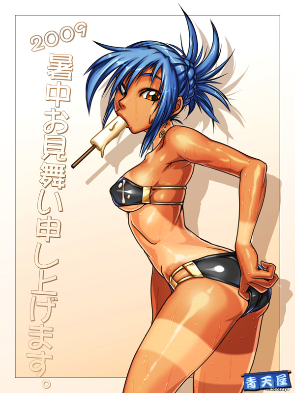 00s 1girl 2009 accessory_tan adjusting_clothes adjusting_swimsuit aitayuu aozoraichi armpits bikini black_bikini blue_hair breasts brown_eyes butt_crack cowboy_shot female_focus food framed from_side hip_bones medium_breasts mouth_hold one-piece_tan original popsicle ribs shochuumimai short_hair sideboob sidelocks solo standing sweat swimsuit tan tanline tanlines toned toned_female