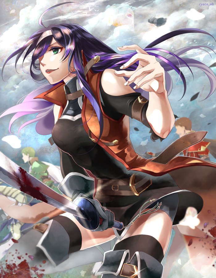 1girl 2boys artist_name bare_shoulders blood bloody_weapon blurry boots breasts cloud cloudy_sky cowboy_shot cyaca_ab depth_of_field dress fire_emblem fire_emblem:_radiant_dawn green_eyes green_hair grin hair_over_one_eye hairband horseback_riding jacket katana kieran_(fire_emblem) lips long_hair mia_(fire_emblem) multiple_boys nintendo oscar_(fire_emblem) purple_hair red_hair riding short_hair sky smile solo_focus sword thigh_boots thighhighs turtleneck weapon