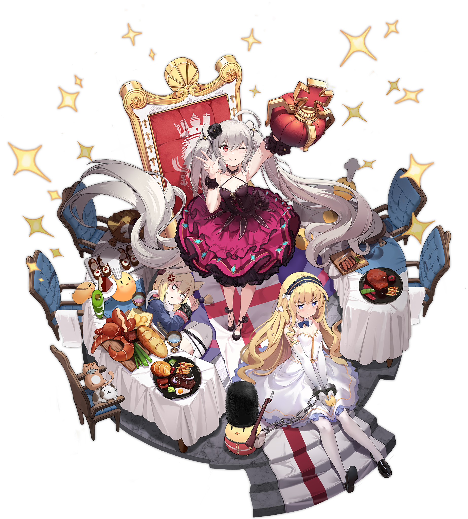 3girls ;q absurdly_long_hair alisa_(kuro_no_sakura) anger_vein artist_request azur_lane bare_shoulders black_flower black_footwear black_hairband blonde_hair blue_eyes blue_jacket bound bound_legs bound_wrists chair check_artist crown detached_collar detached_sleeves dress evening_gown multiple_expressions flat_chest flower food frilled_dress frills from_above gold_trim hair_flower hair_ornament hairband highres holding holding_crown jacket layered_dress long_hair manjuu_(azur_lane) multiple_girls official_alternate_costume official_art one_eye_closed queen_elizabeth_(azur_lane) queen_elizabeth_(the_queen's_ball)_(azur_lane) red_dress red_eyes sleeveless sleeveless_dress thighhighs tongue tongue_out transparent_background twintails valiant_(azur_lane) valiant_(queen_valiant_i)_(azur_lane) very_long_hair warspite_(azur_lane) white_legwear