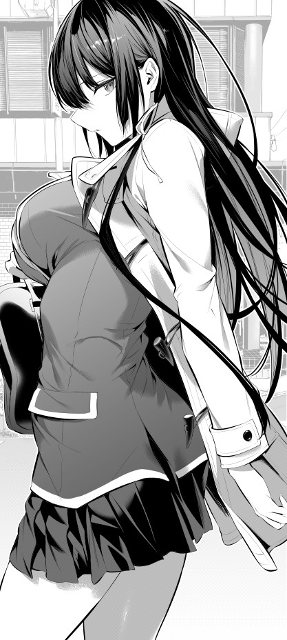 1girl breasts from_side greyscale haite_kudasai_takamine-san hiiragi_yuuichi large_breasts long_hair monochrome school_uniform shirt skirt solo takamine_takane