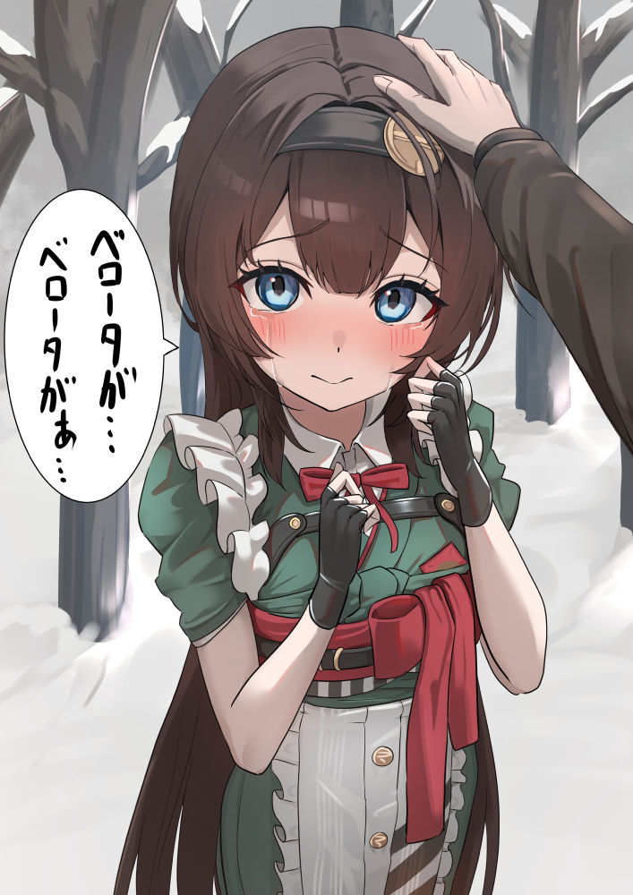 1boy 1girl apron bare_tree black_gloves blue_eyes blush brown_hair closed_mouth commander_(nikke) crying fingerless_gloves flat_chest frills gloves goddess_of_victory:_nikke green_kimono hairband hatenoga headpat japanese_clothes kimono long_hair maid_apron mica_(nikke) mica_(snow_buddy)_(nikke) obi red_ribbon ribbon sash sidelocks smile snow speech_bubble tree