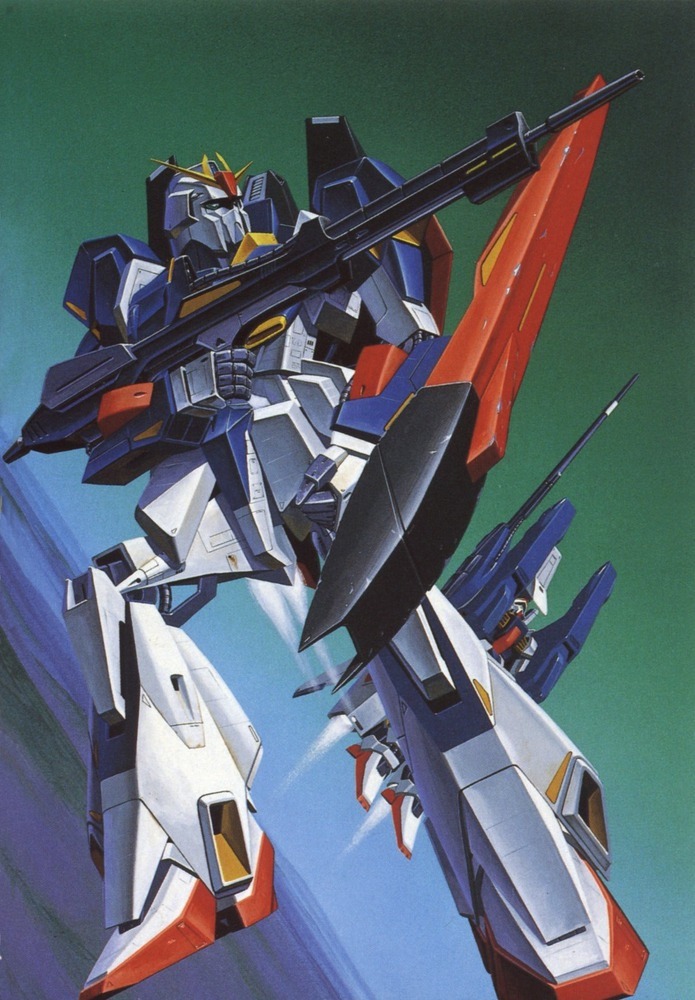 1980s_(style) aeug artist_request beam_cannon beam_rifle box_art energy_gun gundam gundam_mk_ii machinery mecha mecha_focus mobile_suit no_humans official_art oldschool painting_(medium) retro_artstyle robot scan science_fiction shield space super_gundam thrusters traditional_media vernier_thrusters weapon zeta_gundam zeta_gundam_(mobile_suit)
