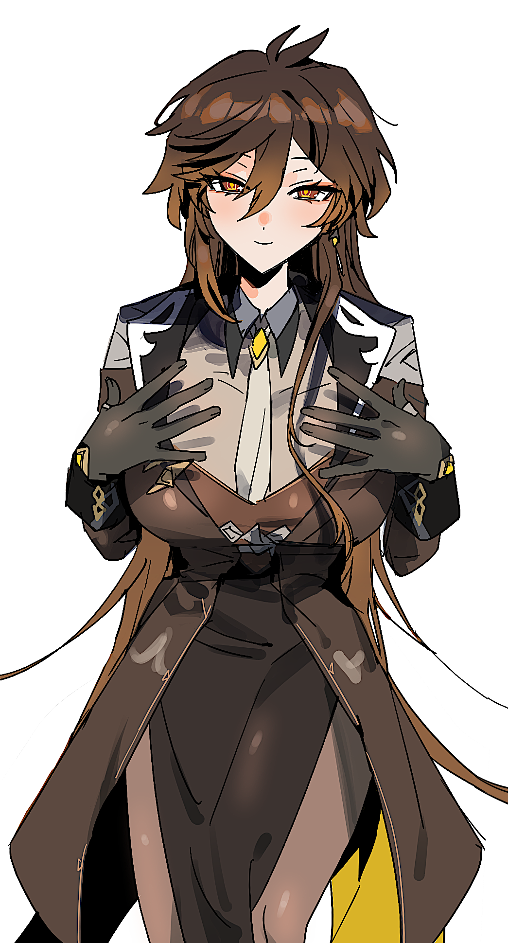 1girl black_gloves breasts brown_hair closed_mouth collared_shirt earrings eyeliner formal_clothes genderswap genderswap_(mtf) genshin_impact gloves hair_between_eyes highres jacket jewelry large_breasts long_hair long_sleeves looking_at_viewer makeup mimlmi necktie pantyhose shirt simple_background single_earring smile solo suit thumb_ring white_background yellow_eyes zhongli_(genshin_impact)