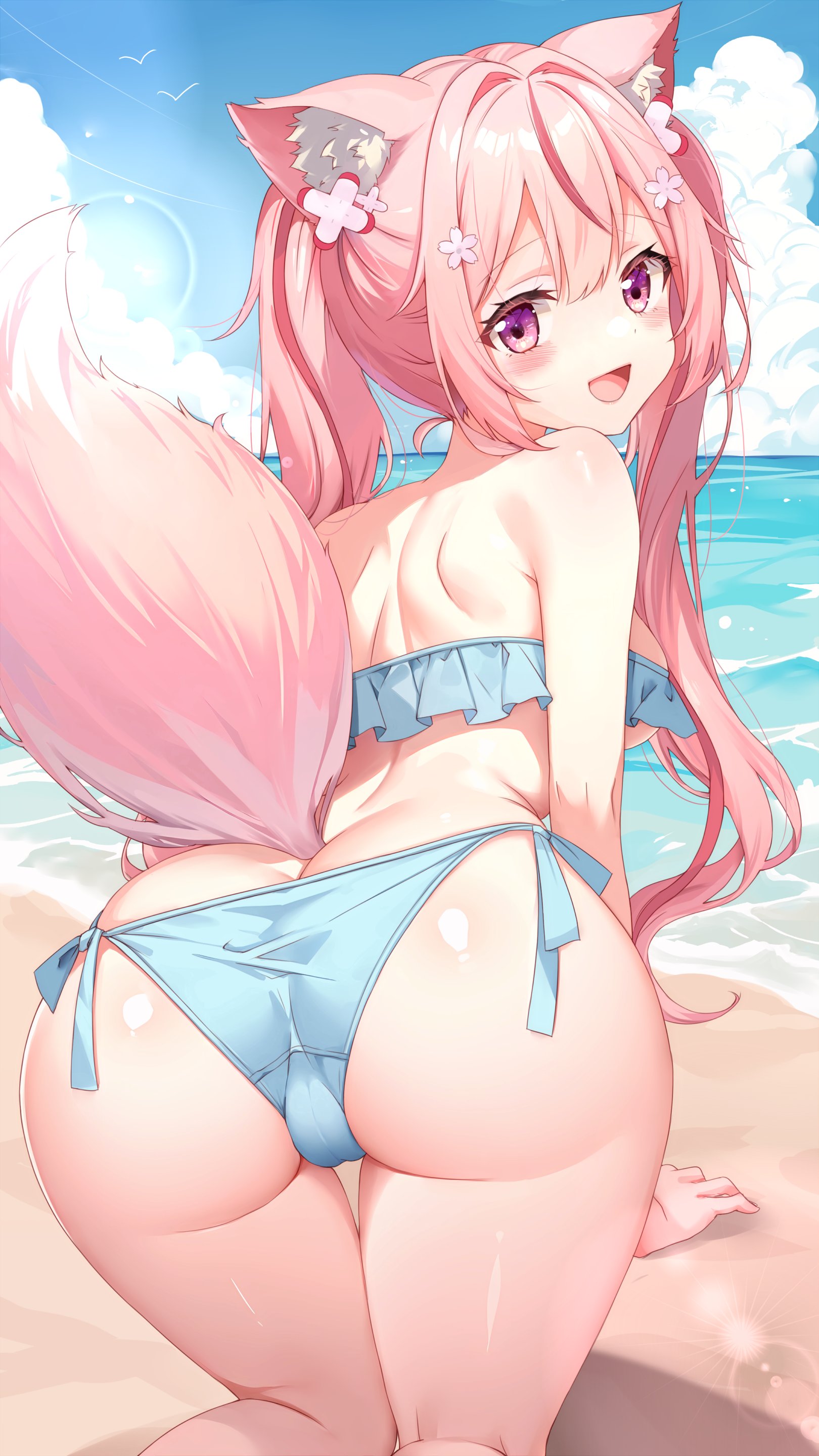 1girl absurdres all_fours animal_ears ass back bare_shoulders beach bikini blue_bikini cat_ears cat_tail cinu frilled_bikini frills from_behind highres long_hair looking_at_viewer looking_back median_furrow open_mouth original pink_hair purple_eyes side-tie_bikini_bottom smile solo swimsuit tail thighs twintails