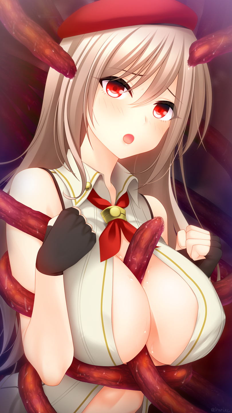 1girl :o alisa_ilinichina_amiella bare_shoulders beret black_gloves blue_eyes breasts cleavage collared_shirt commentary_request commission covered_erect_nipples fingerless_gloves gloves god_eater god_eater_2:_rage_burst grey_hair hair_between_eyes hat highres irori_(irorixc) large_breasts light_blush long_hair looking_at_viewer neckerchief open_mouth partially_unbuttoned red_hat red_neckerchief restrained shirt sidelocks skeb_commission sleeveless sleeveless_shirt solo tentacles upper_body white_shirt