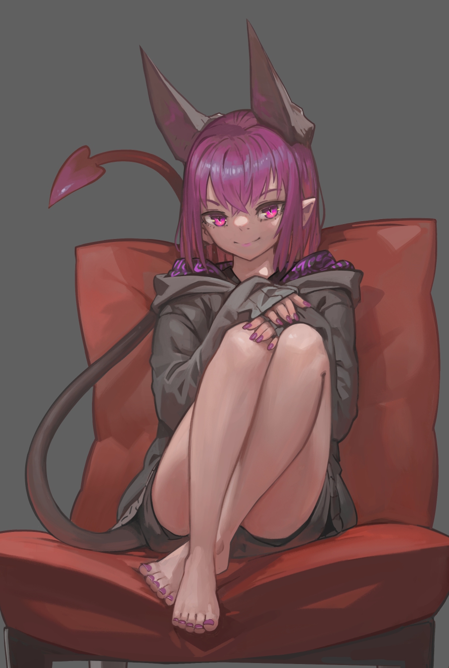 1girl black_hoodie black_shorts chair closed_mouth demon_girl demon_horns demon_tail full_body grey_background hands_on_own_knee highres hood hoodie horns looking_at_viewer medium_hair nail_polish on_chair original paintrfiend pointy_ears purple_eyes purple_hair purple_nails shorts simple_background sitting smile solo tail thighs