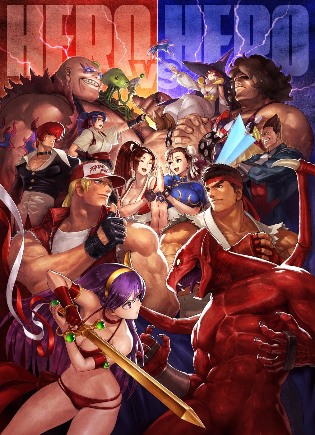 6+boys 6+girls afro android athena_(series) bikini blank_eyes blonde_hair blue_eyes bracelet breasts capcom chun-li crossed_arms crossover dark_skin darkstalkers demitri_maximoff demon demon_wings dougi earthquake_(samurai_spirits) energy_sword fangs fatal_fury fatal_fury_cap final_fight gloves hachimaki headband helmet high_five highres holding holding_sword holding_weapon hugo_andore jewelry large_breasts logo long_hair makaimura mars_people medium_breasts mega_man_(series) mega_man_zero_(series) metal_slug multiple_boys multiple_crossover multiple_girls muscular official_art ogura_eisuke open_mouth princess_athena red_arremer red_bikini rivalry ryu_(street_fighter) ryuuko_no_ken samurai_spirits shiranui_mai simple_background smile snk snk_vs_capcom_svc_chaos street_fighter studded_bracelet svc_chaos swimsuit sword tabasa tentacles terry_bogard the_king_of_fighters thumbs_up toudou_kasumi upper_body warzard weapon wings wizard yagami_iori yellow_eyes z_saber zero(z)_(mega_man) zero_(mega_man)