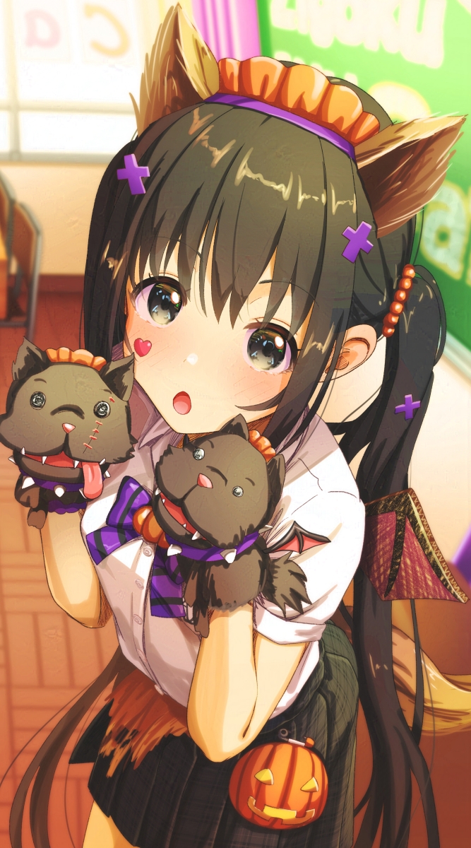1girl :o aiuabo animal_ears bat_wings black_eyes black_hair black_skirt black_wings blurry blurry_background blush bow bowtie brown_tail collared_shirt commentary_request cross_hair_ornament dress_shirt fake_animal_ears fake_tail fake_wings hair_bobbles hair_ornament hairband halloween hand_puppet hands_up heart_sticker highres indoors long_hair maid_headdress open_mouth original plaid_clothes plaid_skirt pleated_skirt puppet purple_bow purple_bowtie purple_hairband shirt shirt_tucked_in short_sleeves sidelocks skirt solo sticker_on_face striped_bow striped_bowtie striped_clothes tail twintails very_long_hair white_shirt wings