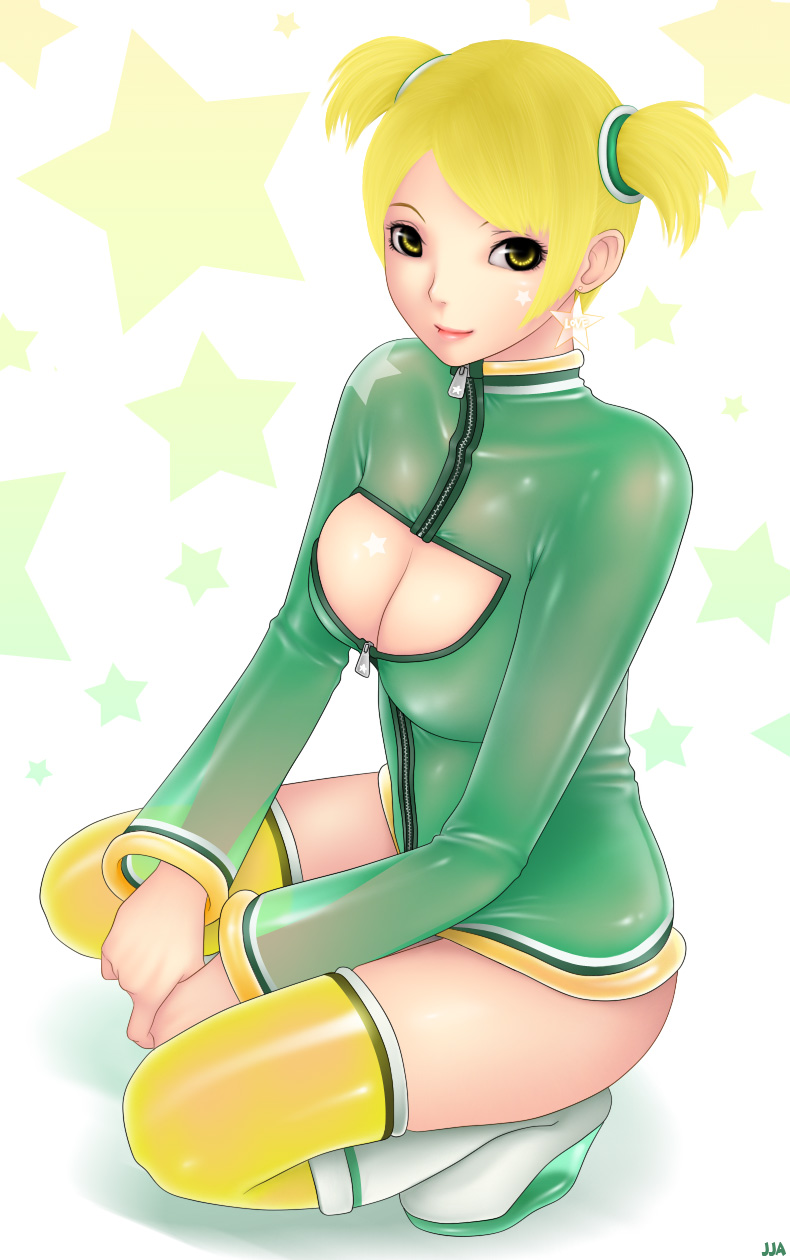 1girl between_legs blonde_hair boots breasts cleavage cleavage_cutout clothing_cutout earrings female_focus hand_between_legs high_heel_boots high_heels highres jewelry khalitzburg_(user_2274420) knee_boots large_breasts original short_twintails solo squatting star_(symbol) thighhighs twintails wedge_heels yellow_eyes zipper