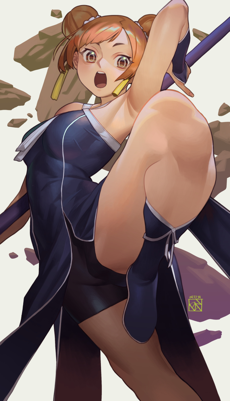 1girl armpits bare_arms bare_shoulders black_shorts blue_boots boots breasts china_dress chinese_clothes double_bun dress earrings frieren hair_bun highres holding holding_staff jewelry laufen_(sousou_no_frieren) leg_up open_mouth orange_eyes orange_hair poch4n short_hair shorts simple_background small_breasts solo sousou_no_frieren staff standing teeth thick_thighs thighhighs thighs tongue upper_teeth_only white_background