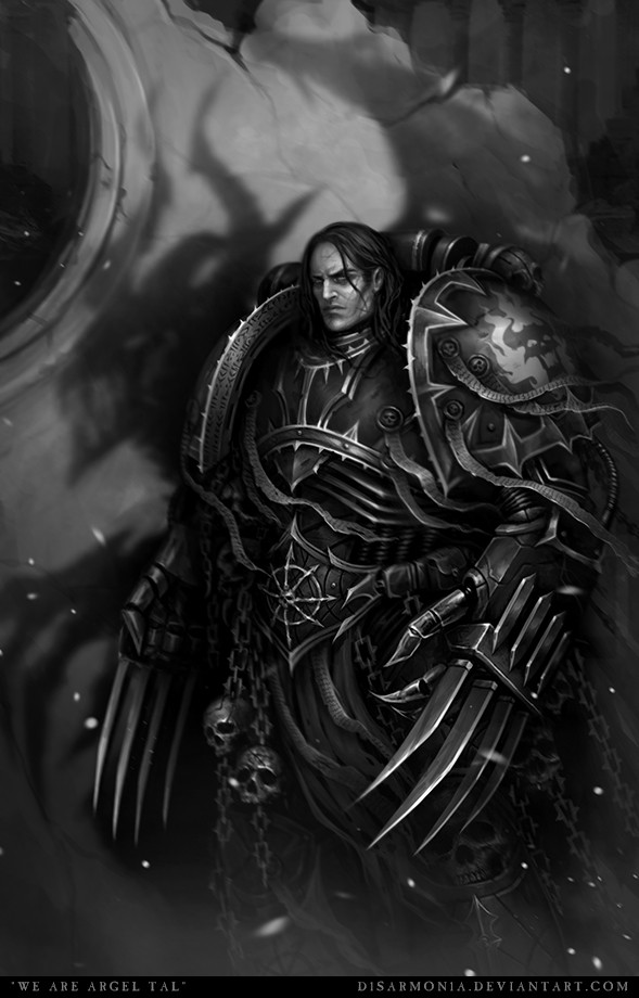1boy argel_tal armor artist_name black_hair breastplate chain clawed_gauntlets deviantart_username dual_wielding full_armor gauntlets greyscale holding long_hair looking_at_viewer monochrome ornate ornate_armor pauldrons power_armor purity_seal shoulder_armor silhouette silhouette_demon skull skull_ornament solo veronica_anrathi warhammer_40k weapon word_bearers