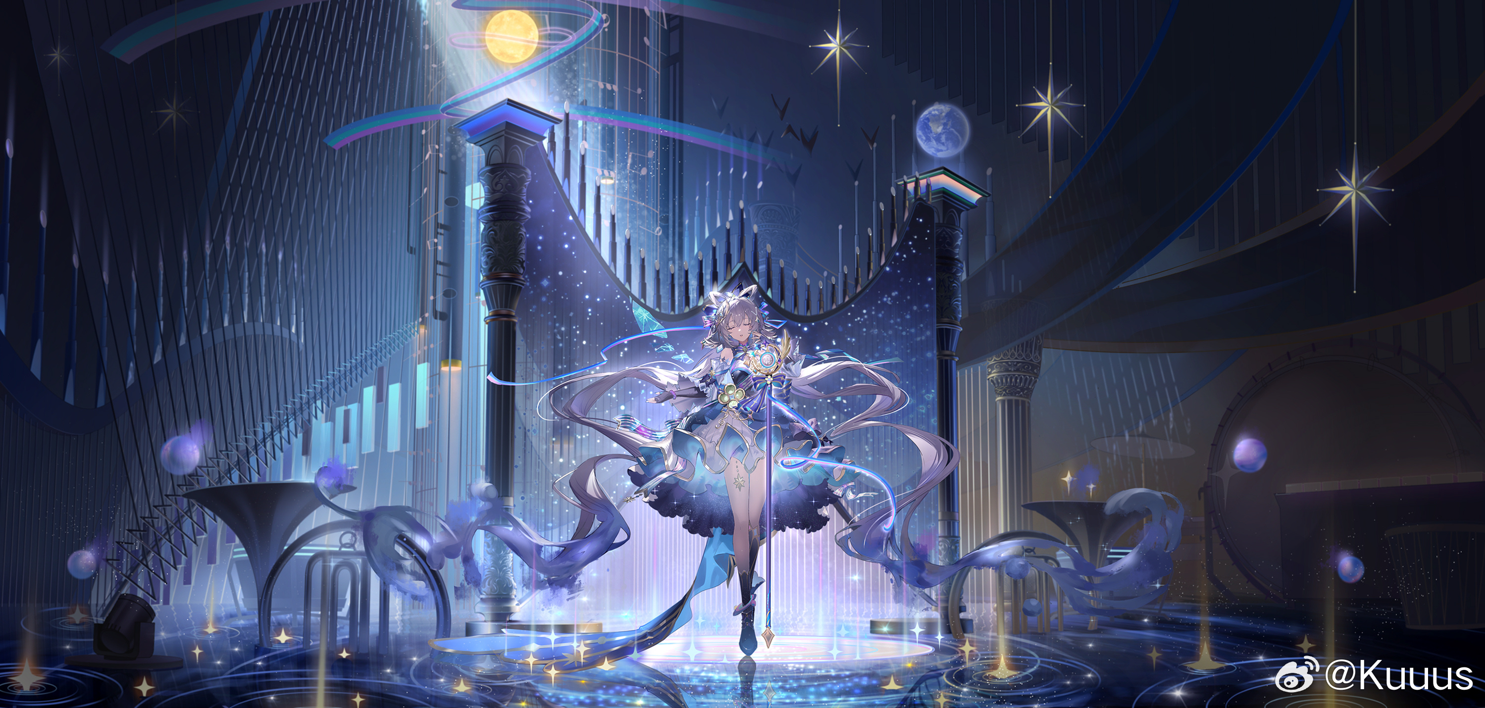 1girl absurdly_long_hair black_boots black_bridal_gauntlets blue_hair blue_ribbon boots bow bow-shaped_hair bracelet bridal_gauntlets character_request chinese_commentary closed_eyes commentary_request copyright_request dress earth_(planet) floating_hair full_body gradient_hair hair_between_eyes hair_bow hair_ribbon hair_rings highres indoors jewelry knees kuuus long_hair moon multicolored_hair outstretched_arms piano_keys planet purple_bow purple_dress purple_hair reflective_floor ribbon ripples short_dress single_stripe solo staff stage standing star_(symbol) striped_bow very_long_hair watermark wavy_hair weibo_watermark